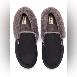 Dearfoams Black Moccasins with Gray Faux Fur